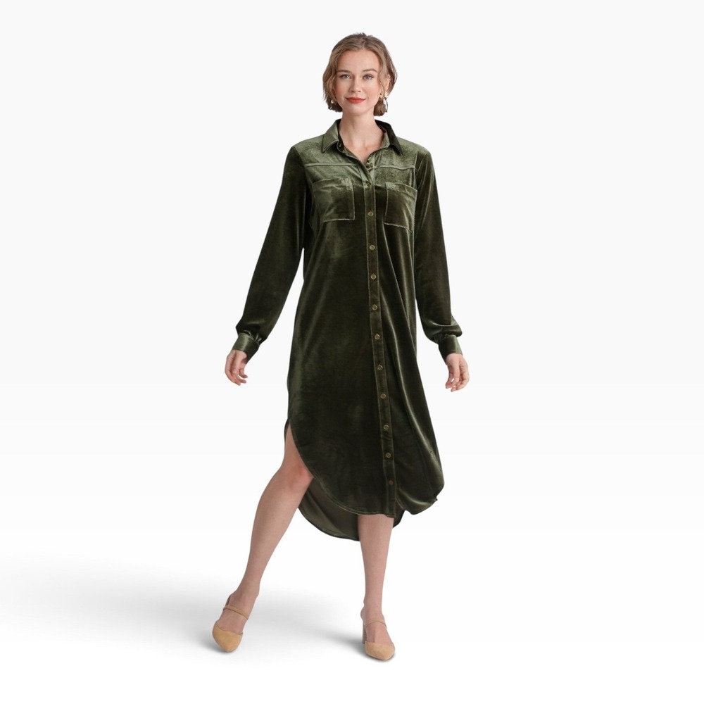 NWT Umgee USA Olive Green Velvet Button Down Shirt Dress High Low Midi Small